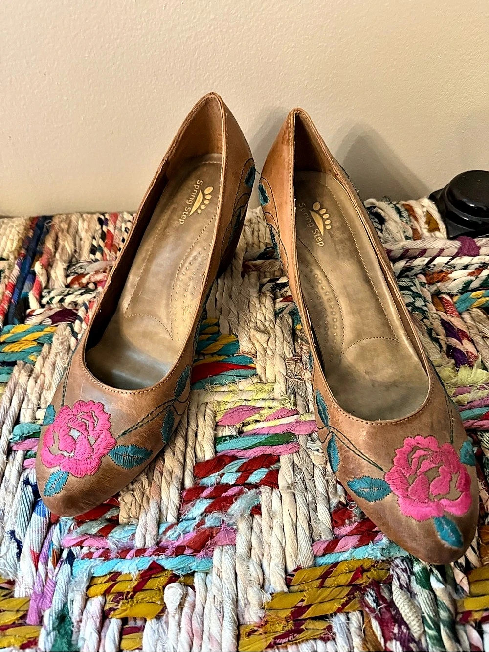Spring Step Floral Embroidered Heels Brown & Pink Euro size 41